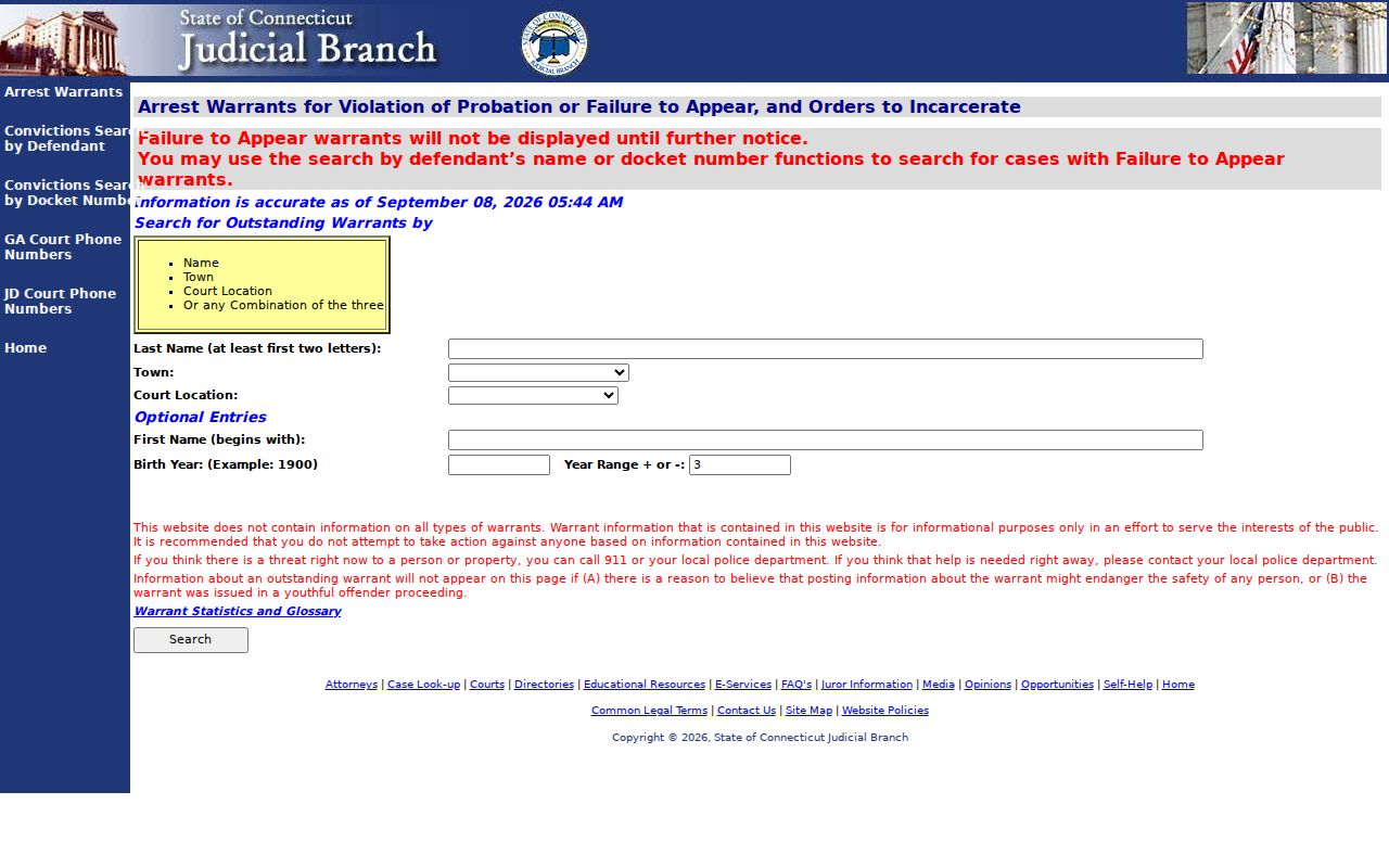 Stamford warrant search name town and court fields